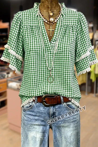 Classic Gingham V-Neck Frayed Hem Cotton Top
