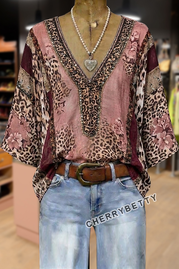 Retro Leopard Flower Print V-Neck Top