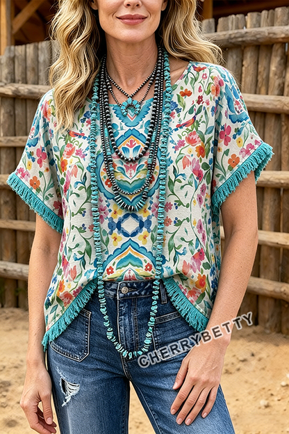 Colorful Floral Print Side Slit Fringe Hem Dolman Sleeve Top