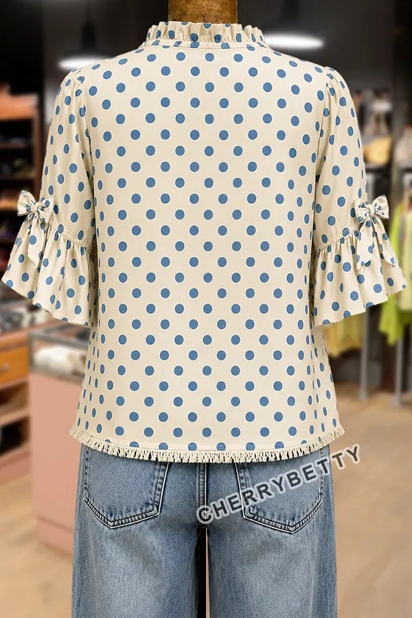 Casual Polka Dot Print Ruffle Neck Bow Decor Half Sleeve Blouse