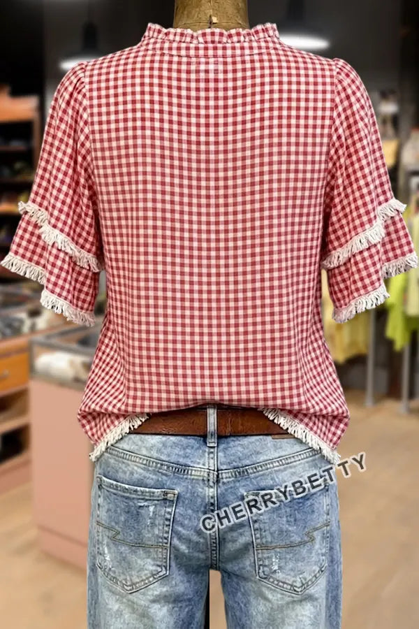 Classic Gingham V-Neck Frayed Hem Cotton Top