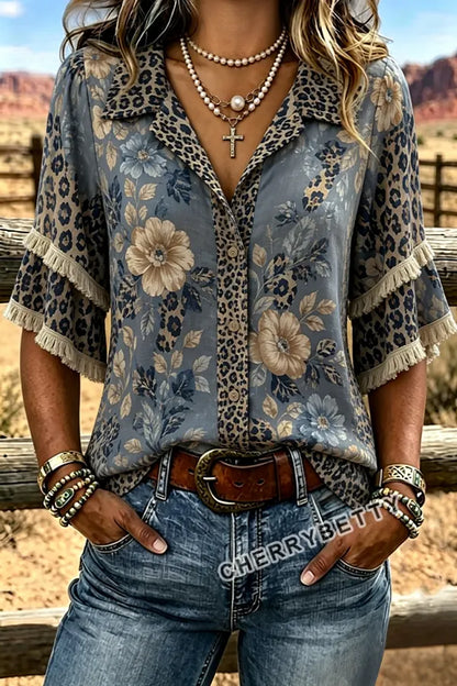 Vintage Floral Leopard Print Collared Fringe Trim Top