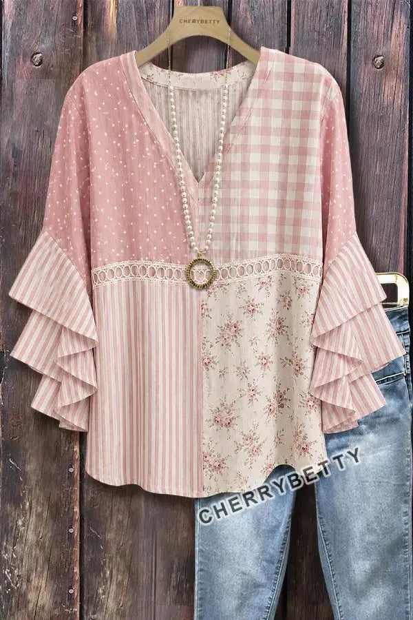 Mixed Floral Gingham Print Ruffle Sleeve Hollow Out Top