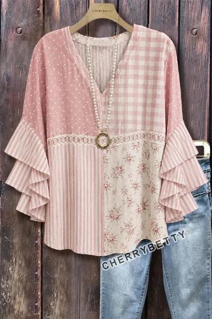 Mixed Floral Gingham Print Ruffle Sleeve Hollow Out Top