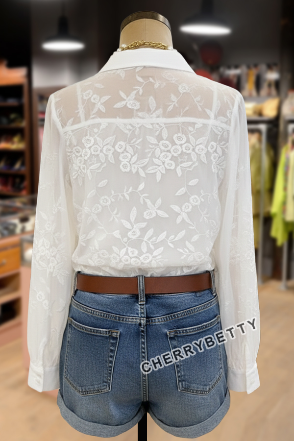Solid Flower Embroidered Long Sleeve Blouse