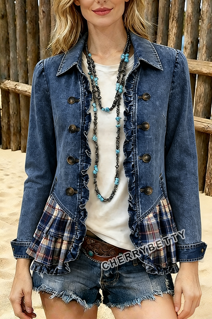 Boho Ruffle Trim Plaid Patch Denim Jacket