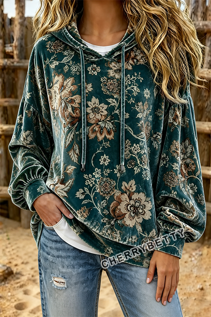 Retro Floral Print Long Sleeve Velvet Hoodie Top