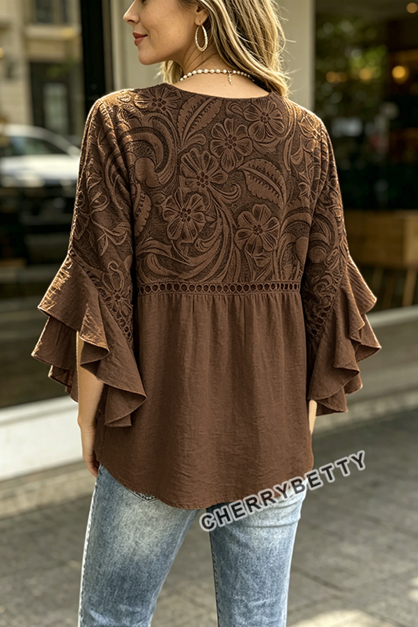 Vintage Floral Print Hollow Out Ruffle Sleeve Top