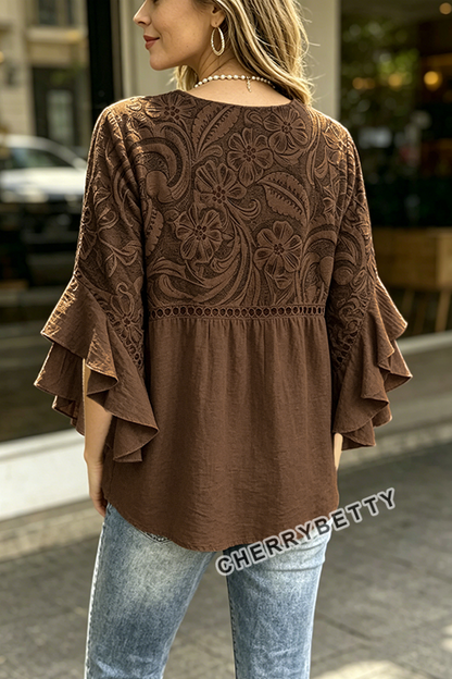 Vintage Floral Print Hollow Out Ruffle Sleeve Top