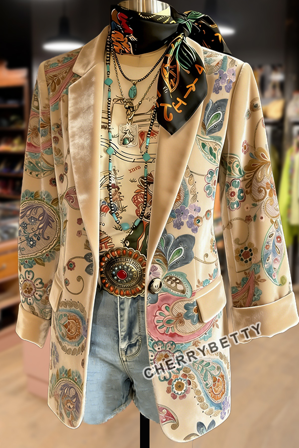 Retro Paisley Print Velvet Blazer