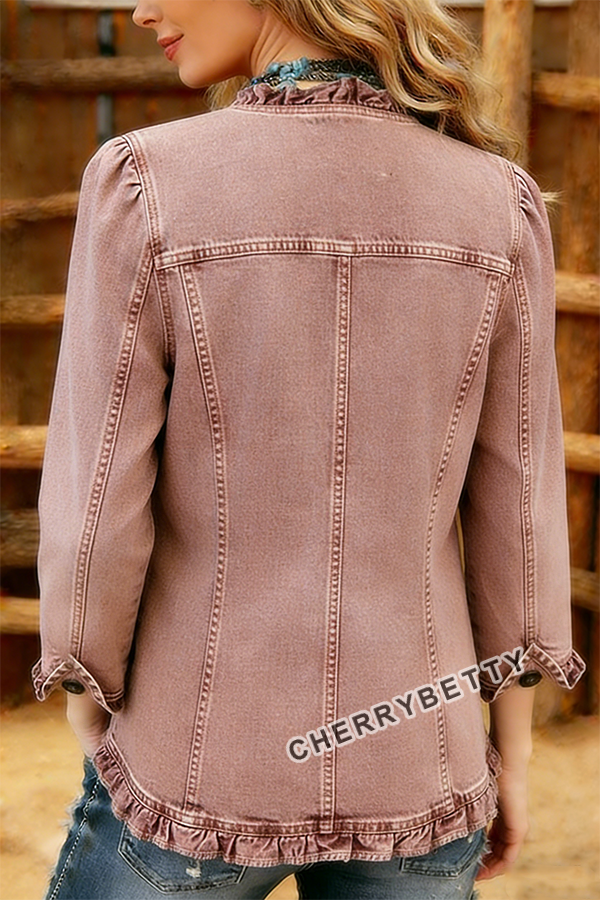 Solid Ruffle Trim Denim Jacket