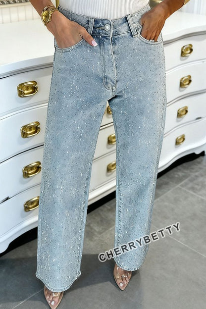 Sparkling Rhinestone High Waist Straight Leg Jeans