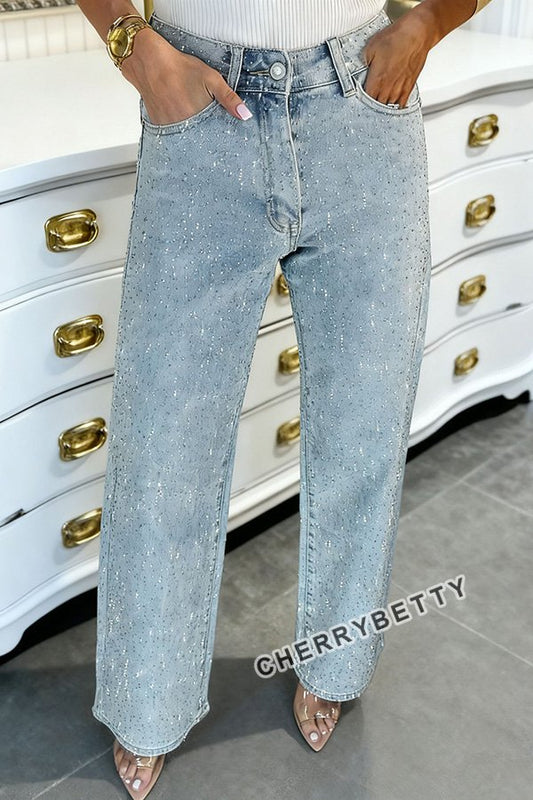 Sparkling Rhinestone High Waist Straight Leg Jeans