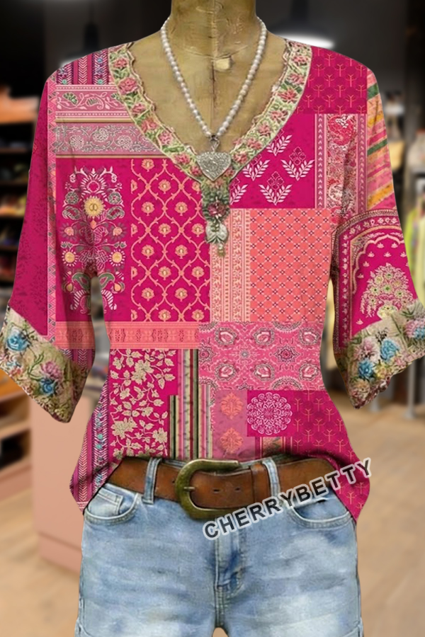 Mixed Floral Print V-Neck Blouse