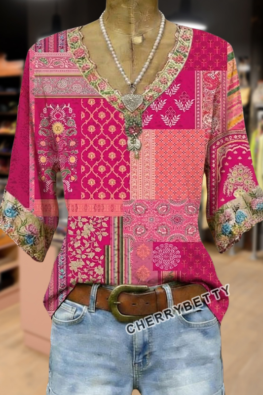 Mixed Floral Print V-Neck Blouse