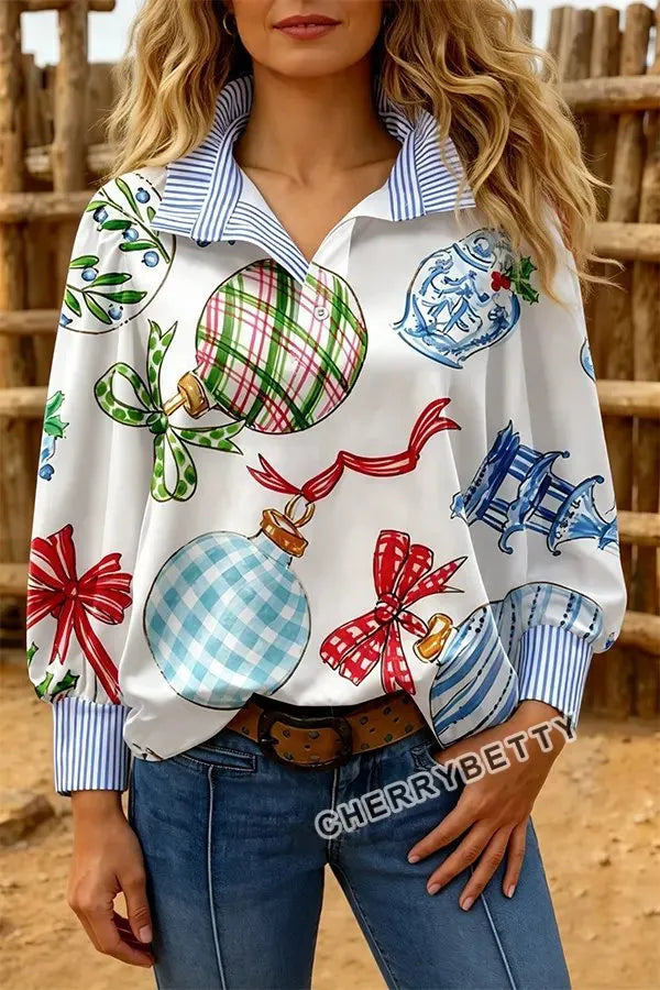 Christmas Ornaments Print Striped Collar Top