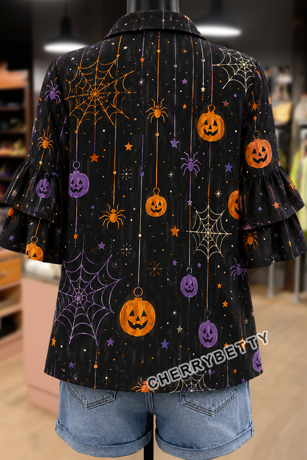 Western Halloween Pumpkin Spiderweb Tiered Ruffle Sleeve Button Down Blouse