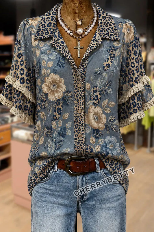 Vintage Floral Leopard Print Collared Fringe Trim Top