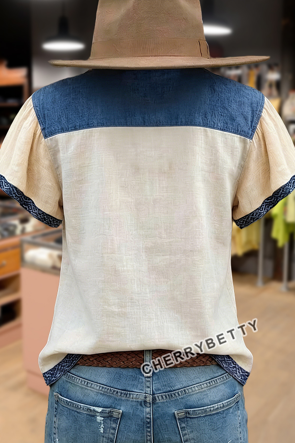 American Flag Striped Floral Embroidered V-Neck Top