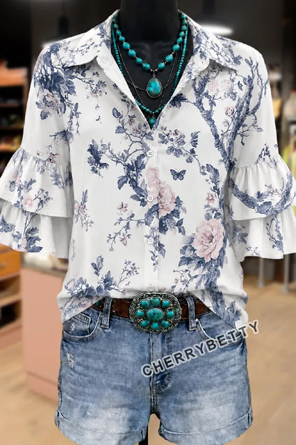 Retro Floral Print Layered Ruffle Sleeve Top