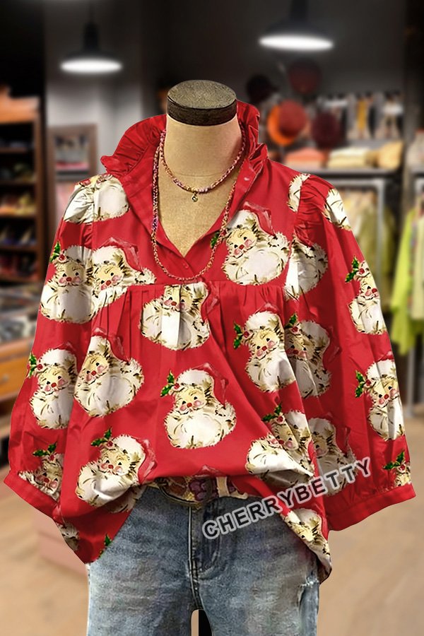 Christmas Santa Print Ruffle V-Neck Blouse