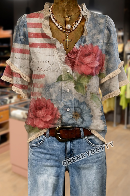 Retro American Floral Print Frayed Hem Top