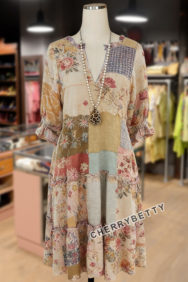 Vintage Mixed Floral Patch Print  Half Sleeve Midi Dress