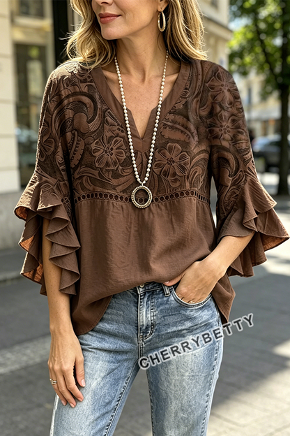 Vintage Floral Print Hollow Out Ruffle Sleeve Top