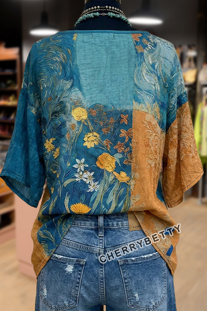 Mixed Fabric Print Dolman Sleeve Cotton Top