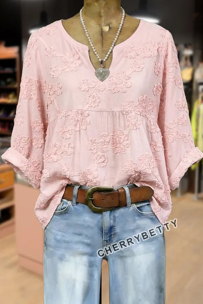 Vintage Floral Embroidered Notch Neck Half Sleeve Cotton Blouse