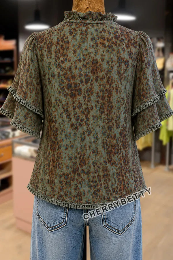 Retro Leopard Print Ruffle Neck Frayed Hem Top