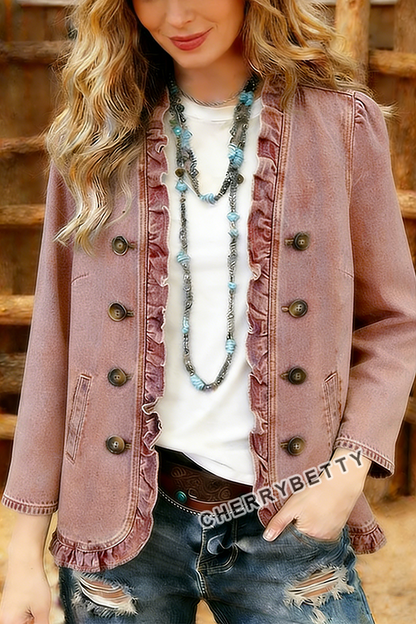 Solid Ruffle Trim Denim Jacket