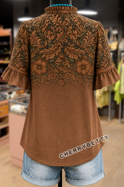 Vintage Floral Print V-Neck Ruffle Sleeve Blouse