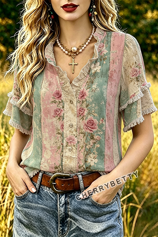 Colorful Floral Print Ruffle Neck Frayed Hem Top