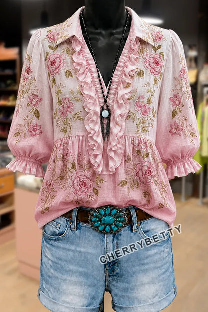 Gradient Boho Floral Print Ruffle V-Neck Puff Sleeve Top