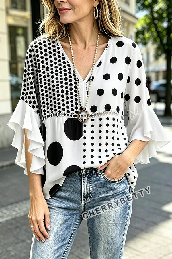 Mixed Polka Dot Print Ruffle Sleeve Hollow Out Top