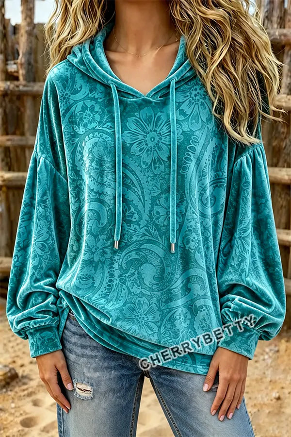 Vintage Western Floral Print Velvet Hoodie Top