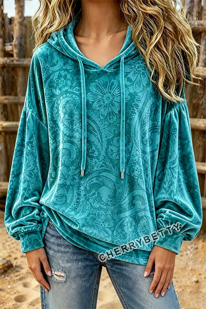 Vintage Western Floral Print Velvet Hoodie Top