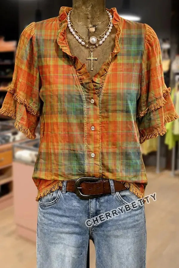 Vintage Plaid Ruffle Neck Frayed Hem Top
