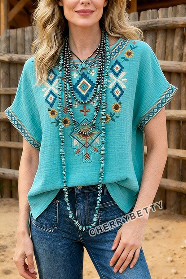 Retro Ethnic Embroidered Dolman Sleeve Cotton Blouse