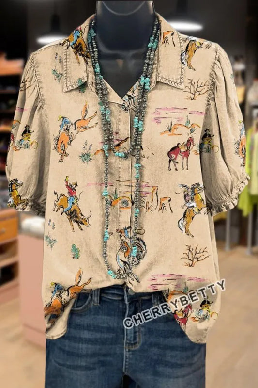 Western Cowboy Print Puff Sleeve Top