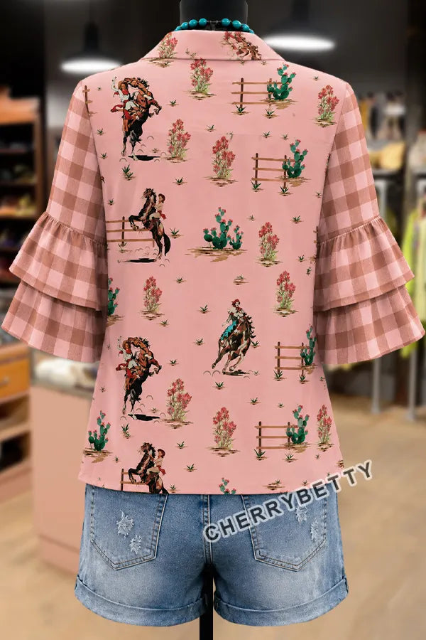 Western Cowboy Print Plaid Layered Ruffle Sleeve Top