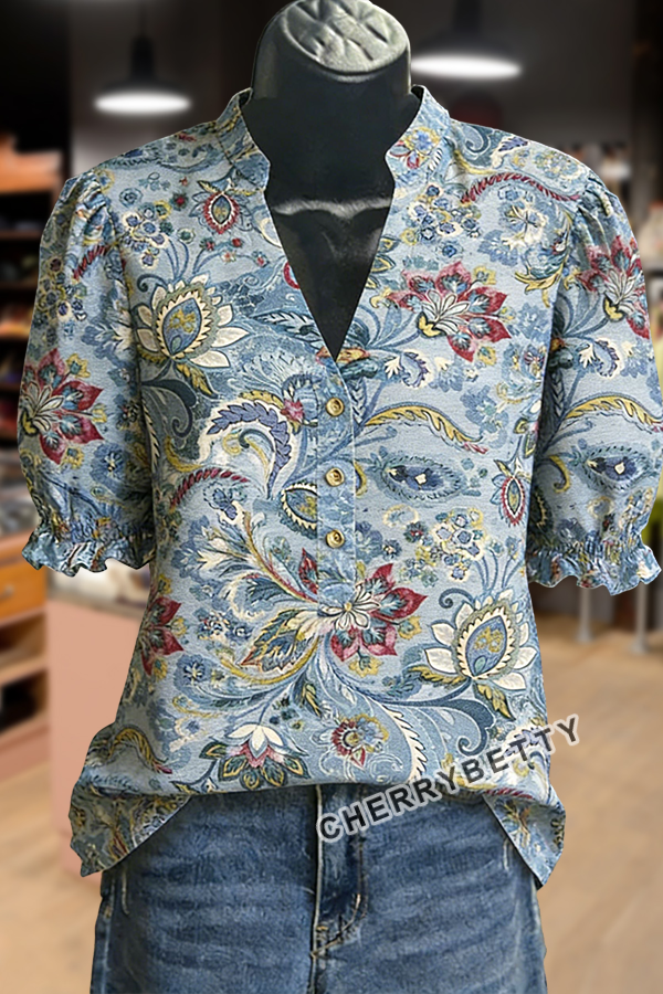 Vintage Floral Print V-Neck Top