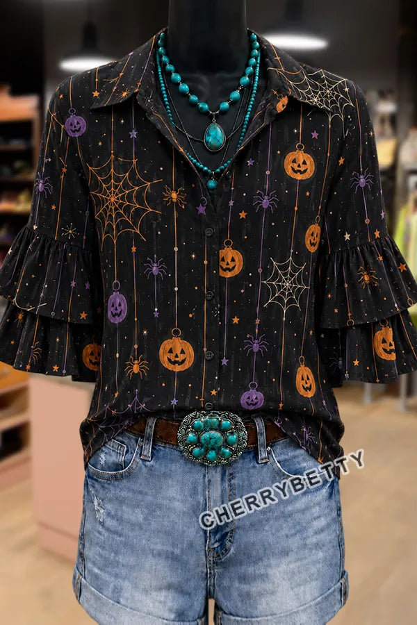 Western Halloween Pumpkin Spiderweb Tiered Ruffle Sleeve Button Down Blouse