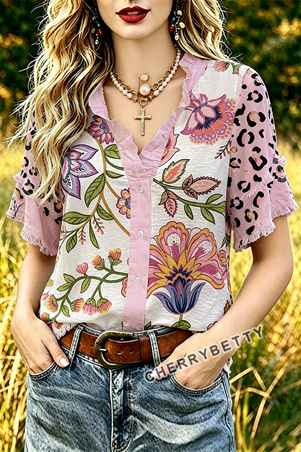Mixed Leopard Floral Print Ruffle Neck Frayed Hem Top