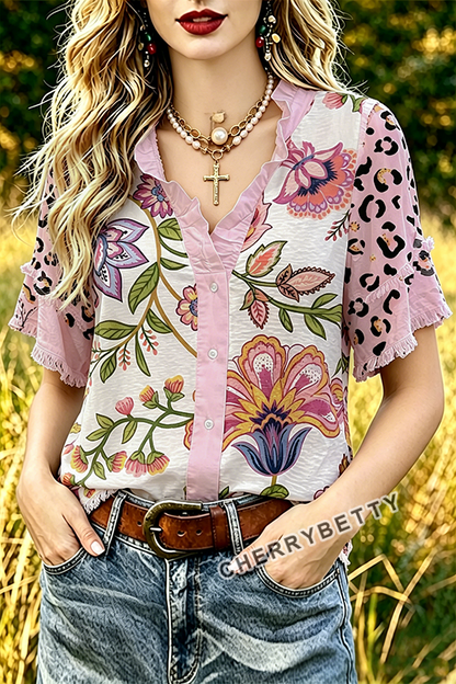 Mixed Leopard Floral Print Ruffle Neck Frayed Hem Top