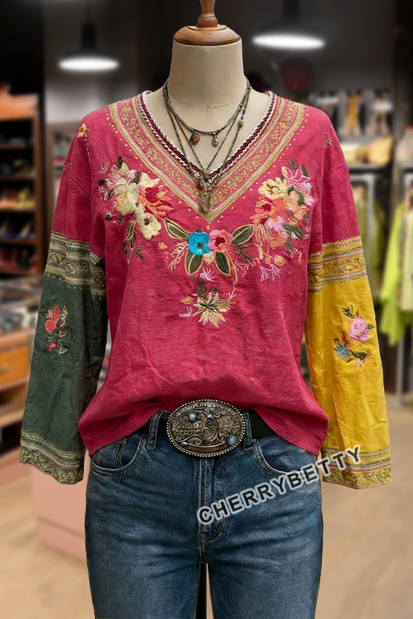 Boho Flower Embroidered V-Neck Long Sleeve Top