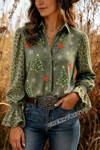 Christmas Tree Print Leopard Bell Sleeve Blouse
