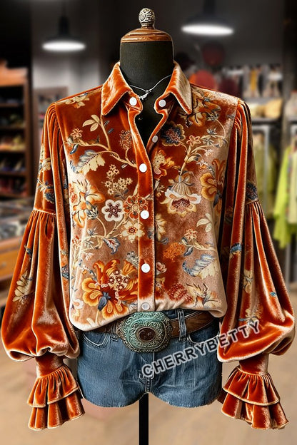 Vintage Floral Print Lantern Sleeve Velvet Top