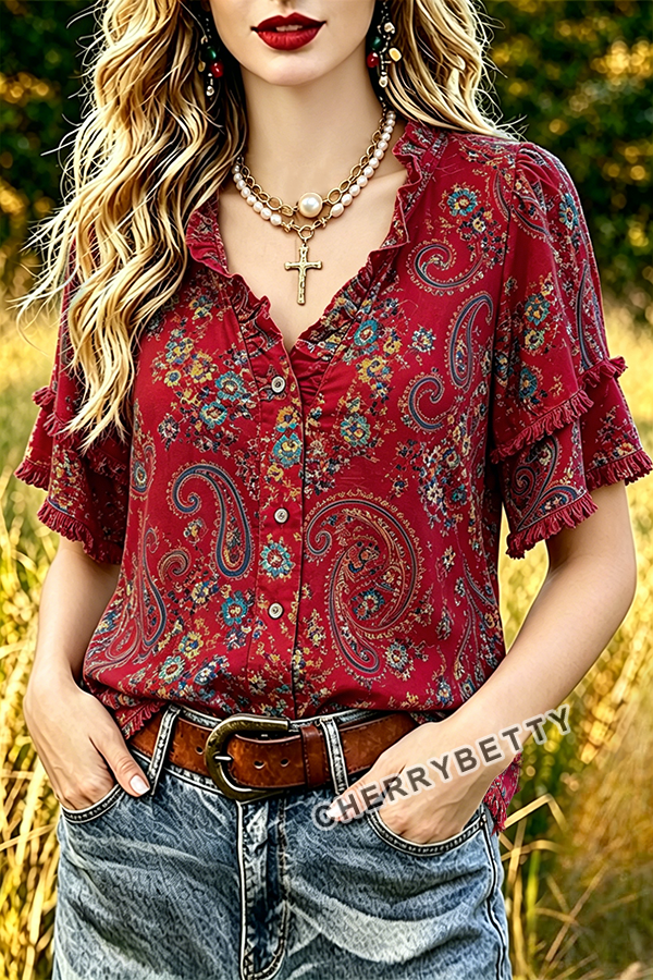 Vintage Paisley Print Ruffle Neck Frayed Hem Top